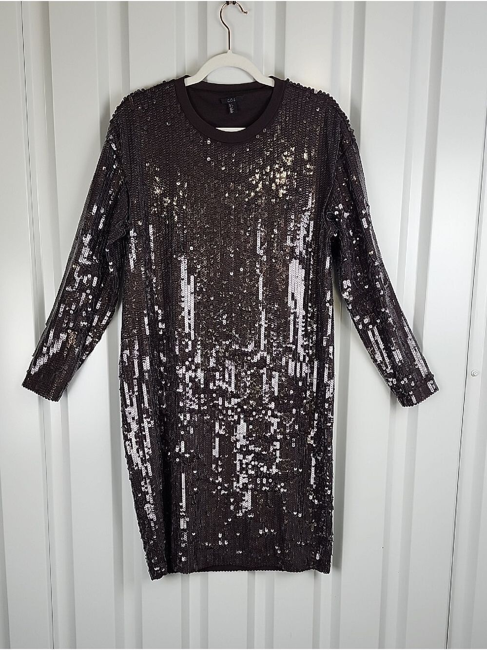 COS Womens Dark Gray Black Sequin Long Sleeve Shift Dress Small Party Loose Fit
